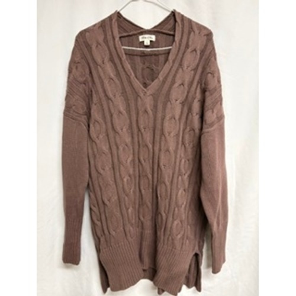 Tres Chic Women Brown Cable Knit V-Neck Sweater Oversized Cotton Fisherman Large